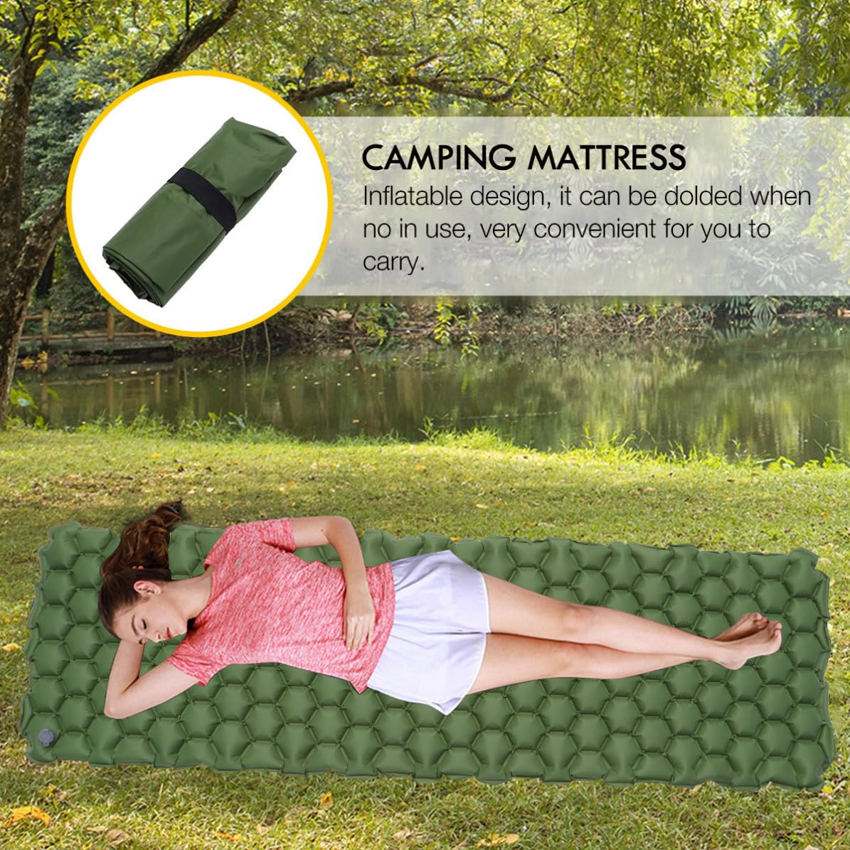 Colchoneta Inflable para Dormir Compacta, Portátil y Verde para Camping