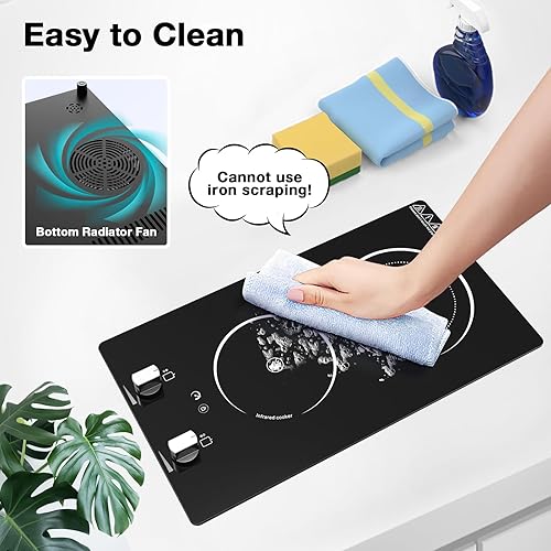 Miniatura 8 de Placa eléctrica de 2 quemadores, placa de cocina eléctrica de 2100 W, quemador de encimera de 12 pulgadas y estufa integrada, 9 niveles de potencia,