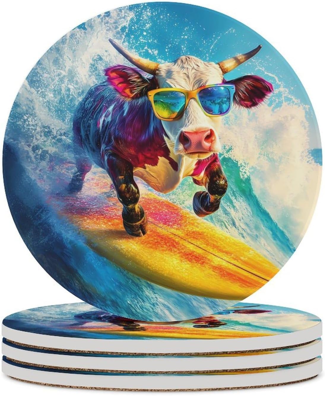 Funny Cow Ocean Surfing Coasters for Drink Round Ceramic Coaster with Cork Base Home Decorative 6PCS