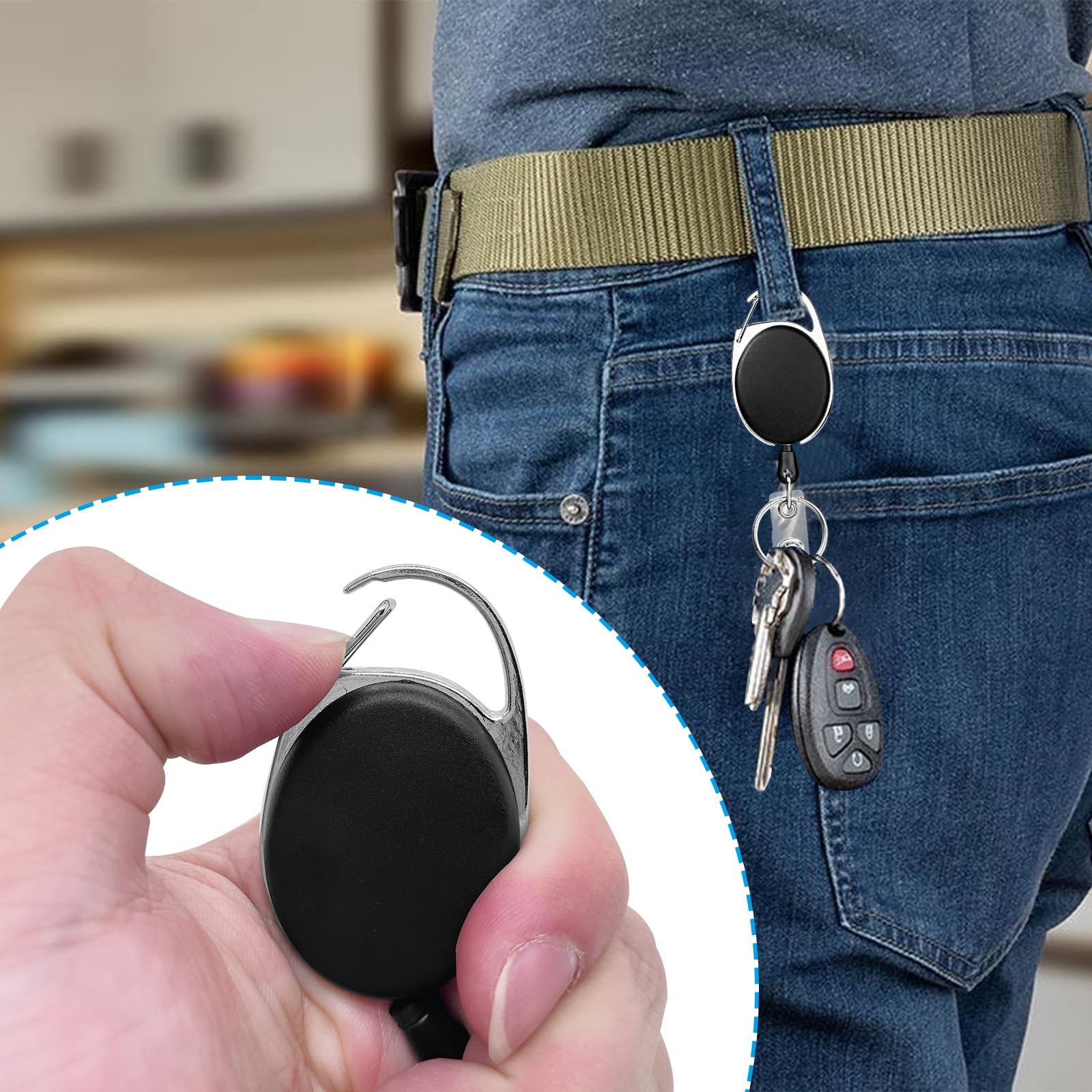 Llavero Retráctil con Clip, 2 Unidades Llaveros Retráctiles Extensibles con Cordón de Nylon, para Tarjetas de Identificación y Llaves, negro