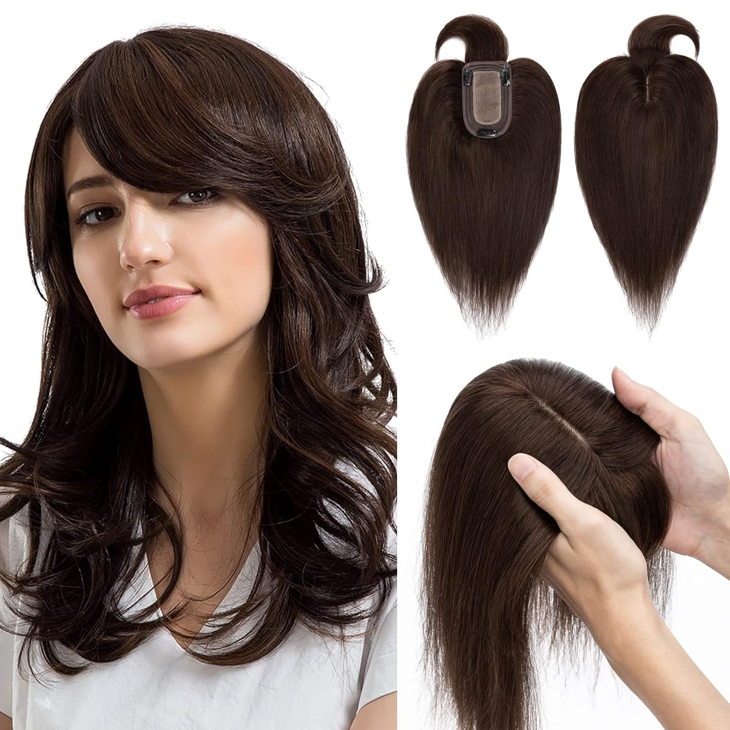 Hairro Human Hair Toppers with Bangs, Remy Clip in Virgin