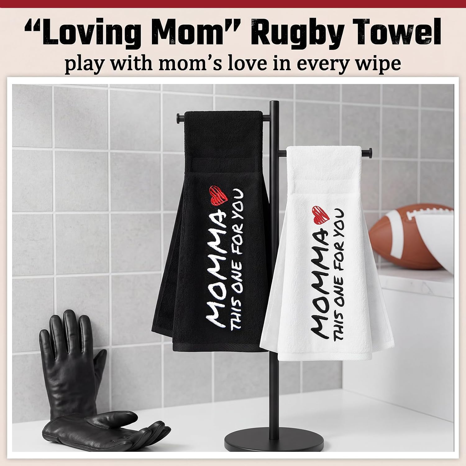 Peryiter 2 Pcs Momma Football Towels Cotton Quarterback Qb Sweat Towel Fold Hook Loop Closure Rugby Gift Gym Camping Hiking Accessories for Football Mom Men Youth