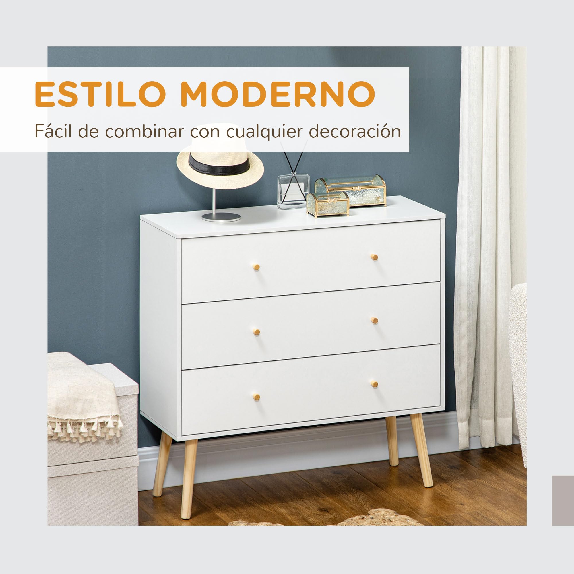 HOMCOM Cómoda con 3 Cajones Sinfonier para Dormitorio 80x30x80 cm Blanco | Patas de Madera, Diseño Antivuelco, Carga 70 kg, Cajonera para Salón Oficina