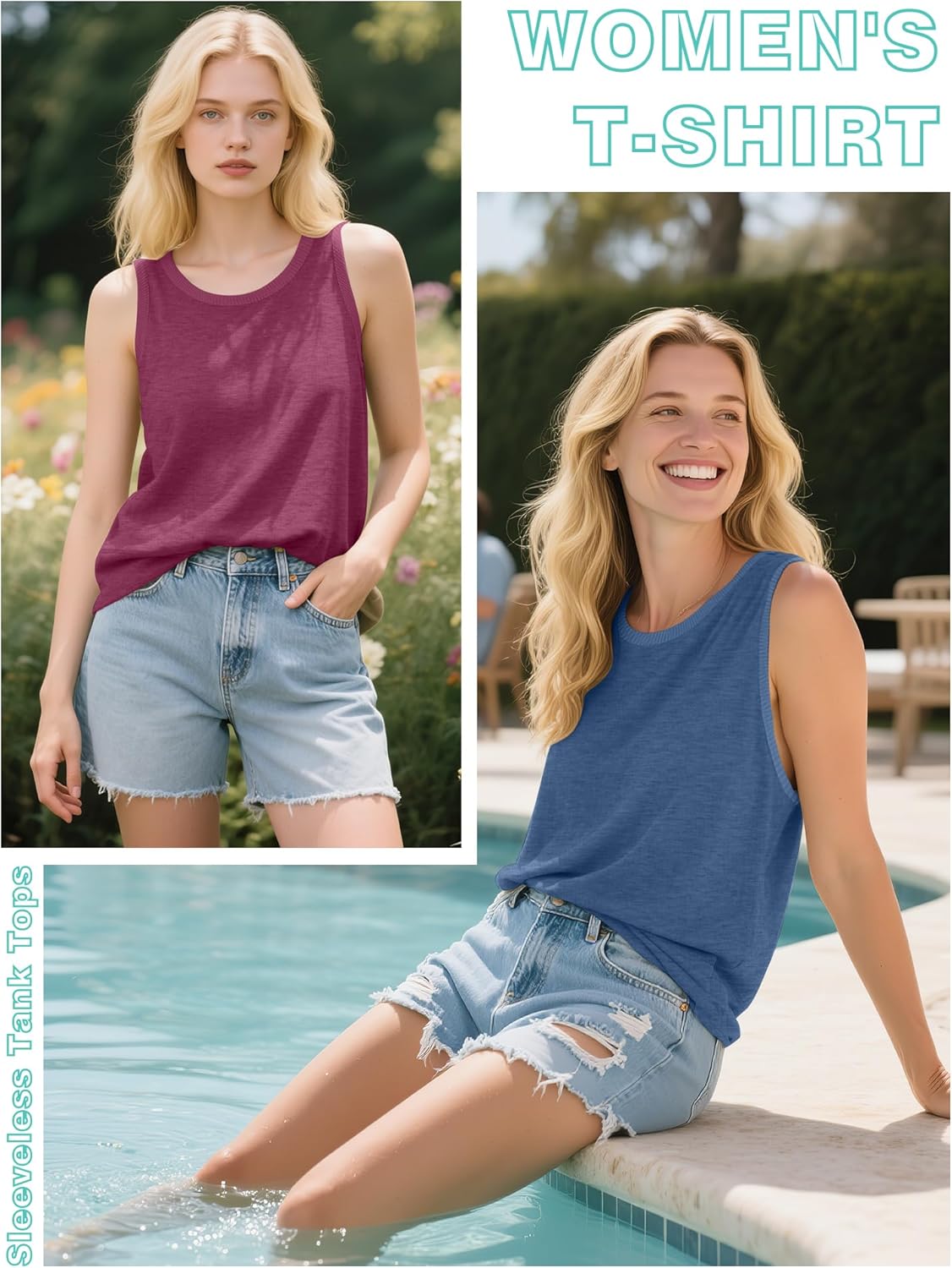 Ficerd 3 Pack Women's Sleeveless Tank Tops, Crewneck Summer Split Side Ribbed Trim Loose T-Shirt Casual Basic Tee Vest - Image 3