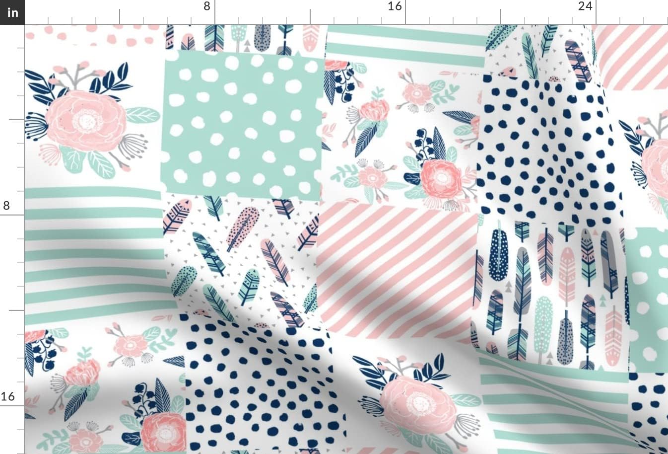Spoonflower Fabric - Feathers Cheater Quilt Mint Navy Pink Girls Cute Squares Block Printed on Upholstery Velvet Fabric Fat Quarter - Upholstery Home Decor Bottomweight Apparel