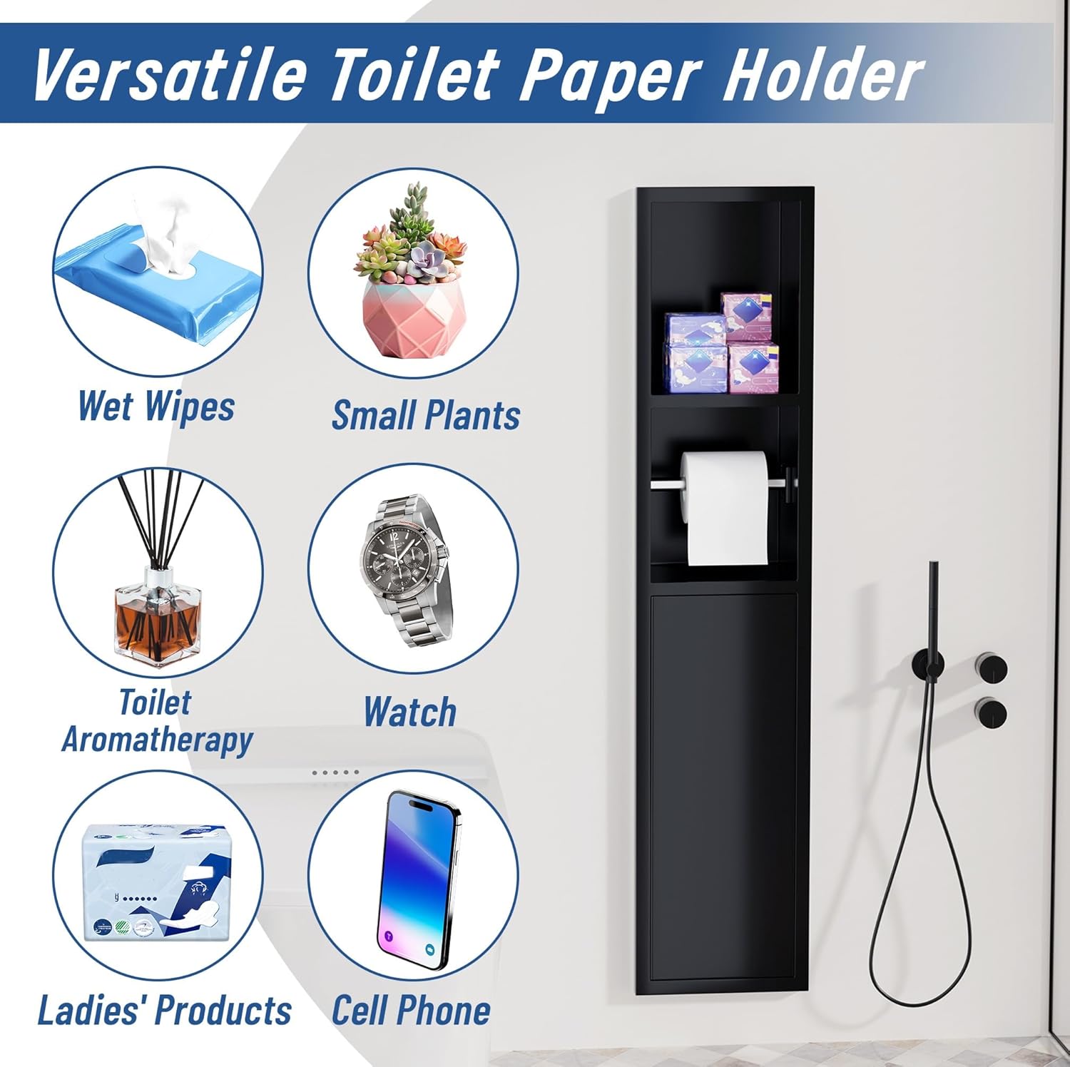 Recessed Toilet Paper Holder, in Wall Tissue Toilet Roll Holder, 304 Stainless Steel Bathroom Toilet Paper Holder with Storage Cabinet for Toilet Brush Holder (Matte Black, 32''H)