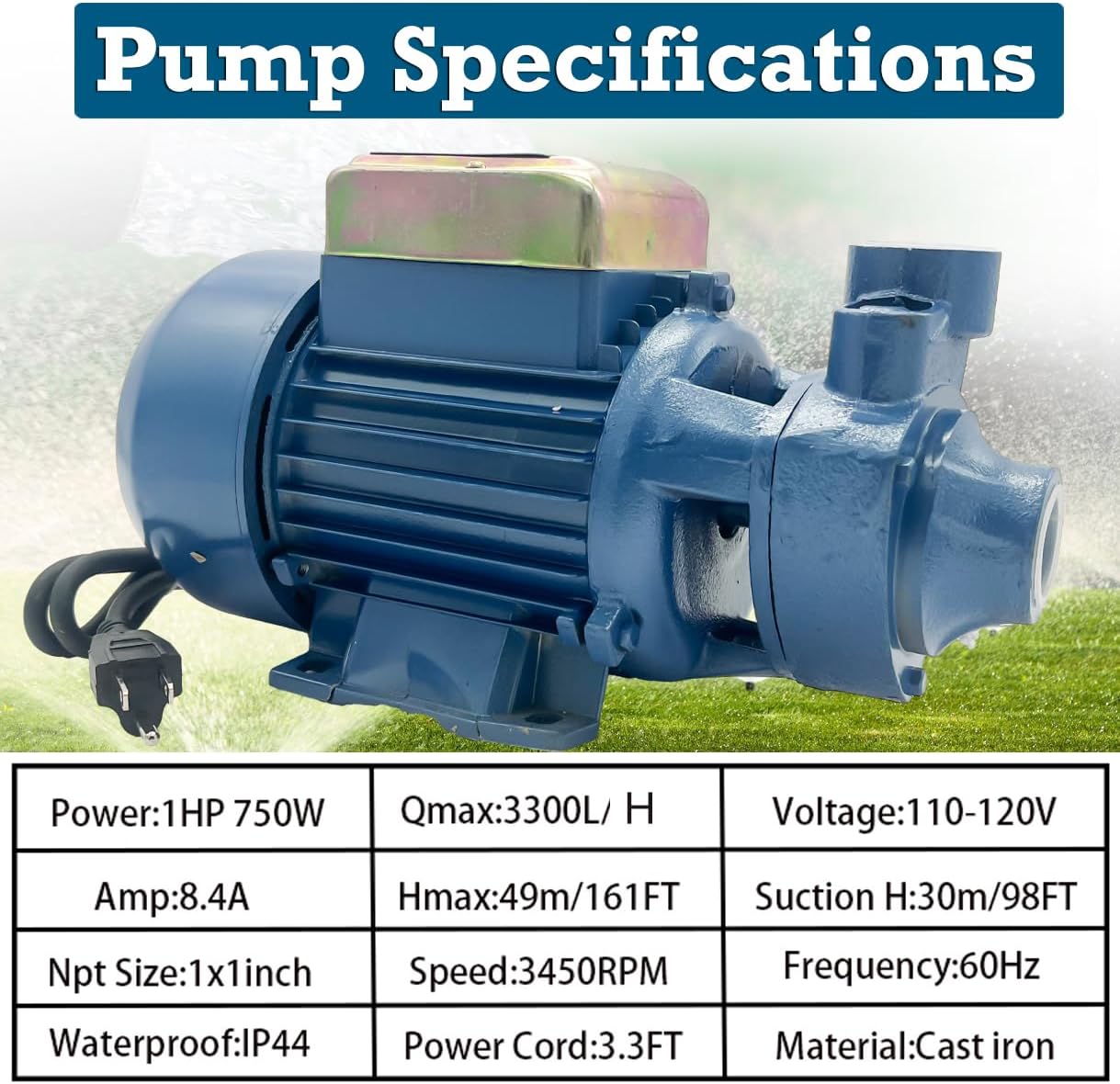 Water Transper Pump 110V Electric Water Booster Pump 1HP 871GPH Industrial Centrifugal Clean Water Pump For Pool Pond Water Transfer Pressure Tank Water Filling And Irrigation,Household Water Supply