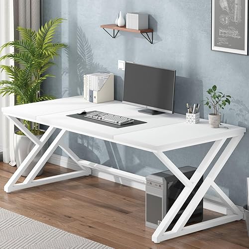 Miniatura 3 de LVB Escritorio largo blanco para computadora, moderno y grande de madera, escritorio de oficina de metal, escritorio de trabajo de estudio para dos