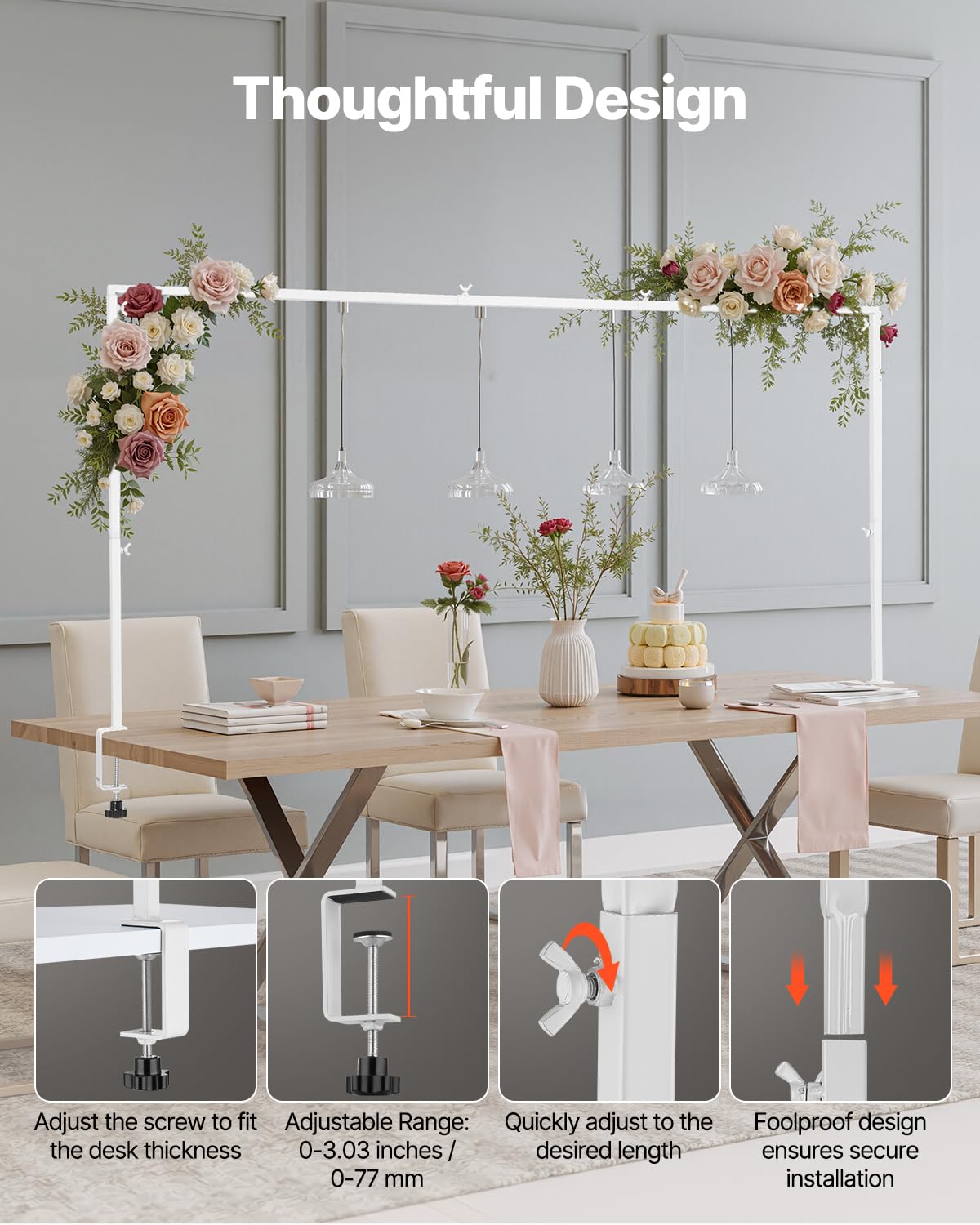 VEVOR Support Tige de Table avec Pinces, Support Arche de Table, Hauteur Réglable 330-1066,8 mm Longueur Réglable 711,2-2489,2 mm, Cadre Arche Métal, pour Déco de Mariage, Anniversaire, Noël, Blanc