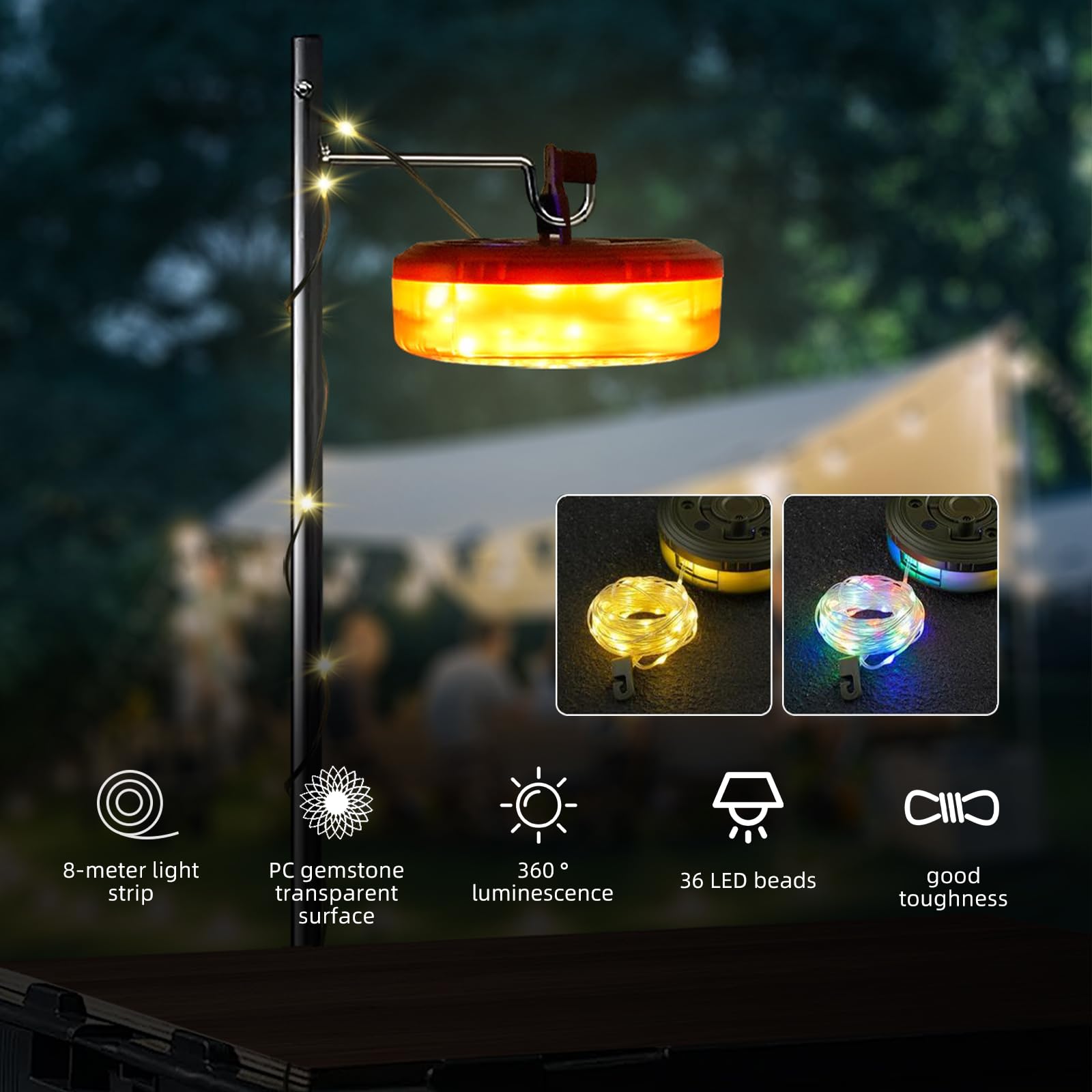 OQIMAX Catena Luminosa Da Campeggio 2 In 1 Arrotolabile 10m, Impermeabile IPX4, Ricaricabile USB, Con Lanterna 200lm E 8 Modalità Luce