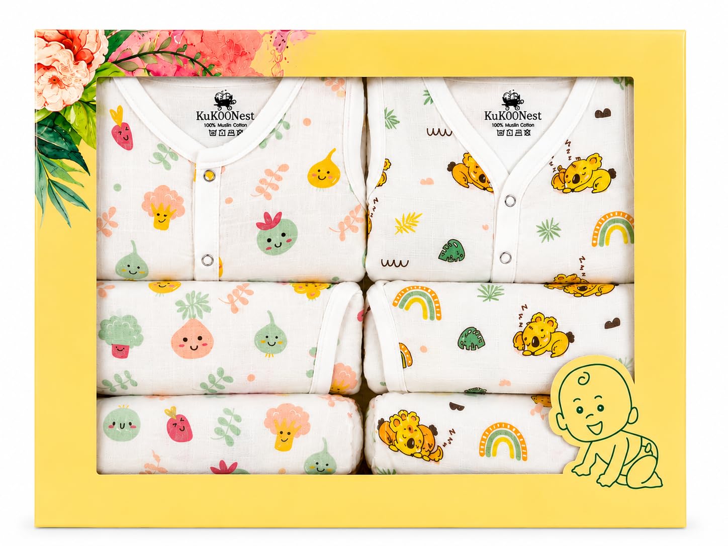 Newborn Baby Gift Box | 14-Piece 100% Muslin Cotton Baby Essentials & Clothing Set | 2 Jablas, 2 Nappies, 2 Caps, 2 Pairs Mittens & 2 Pairs Booties-image-39