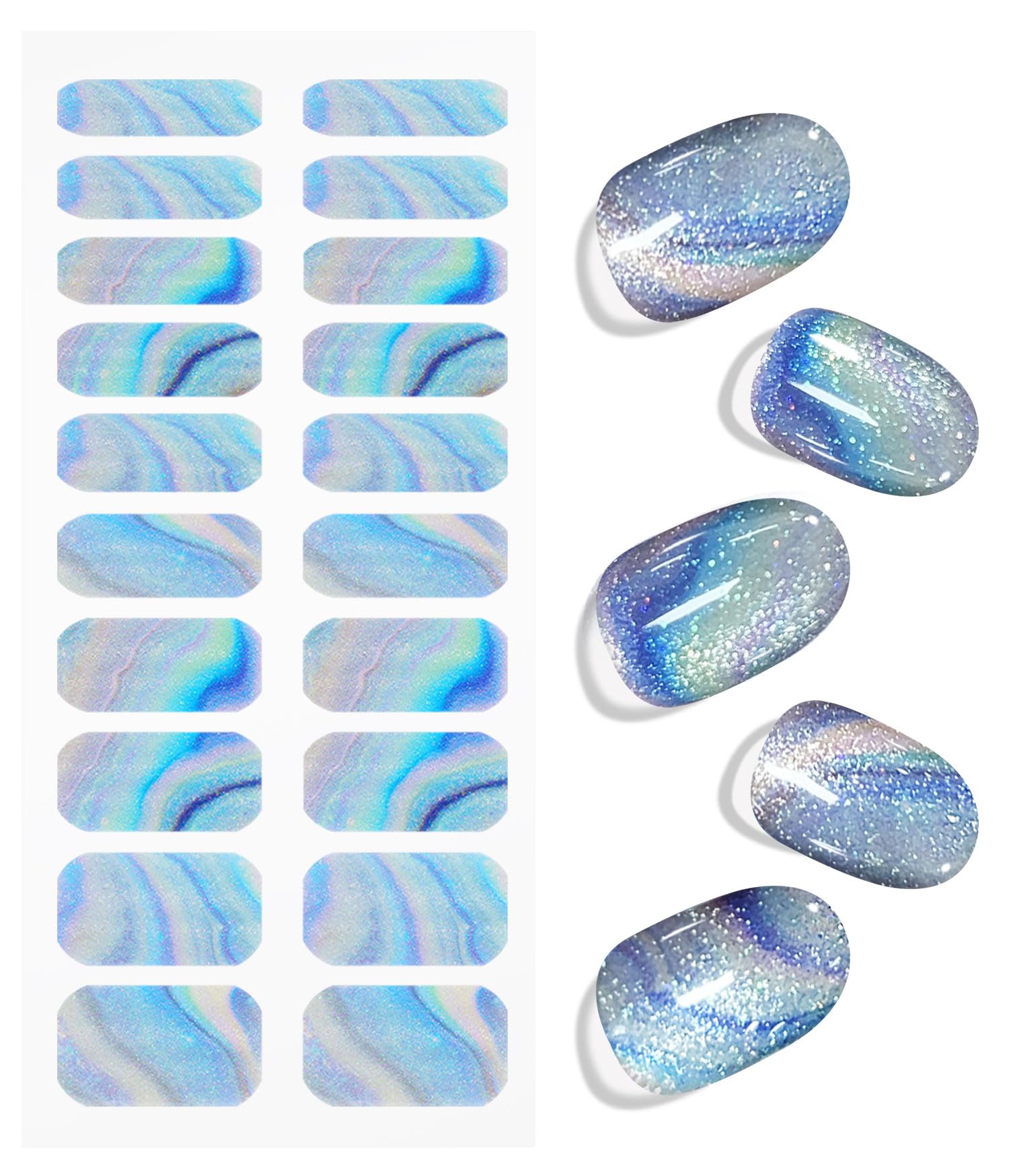 JMEOWIO Gel Nail Stickers Blue Colorful Marble Glitter Semi Cured Gel Nail Strips Wraps UV/LED Nails Art Design Decoration Accessories