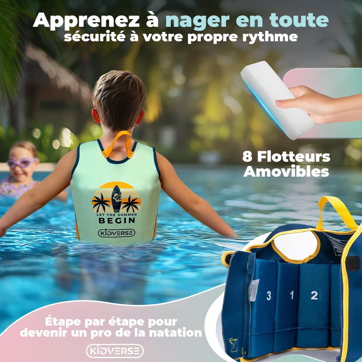 KIDVERSE Gilet Natation Enfant 2 Ans à 6 Ans - qualité certifiée - Aide à la flottaison pour Fille & garçon - Apprentissage Piscine - Gilet Enfant picine