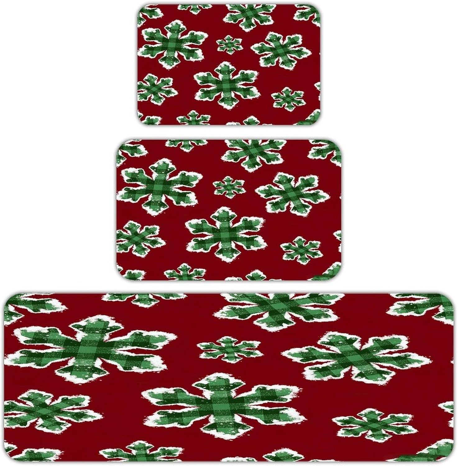 Burgundy Red and Green Plaid Snowflake Kitchen Rugs Sets of 3 Non Slip Kitchen Mat for Floor Comfort Standing Rug and Mats Thick Cushioned Long Area Carpets for Laundry Room Entryway