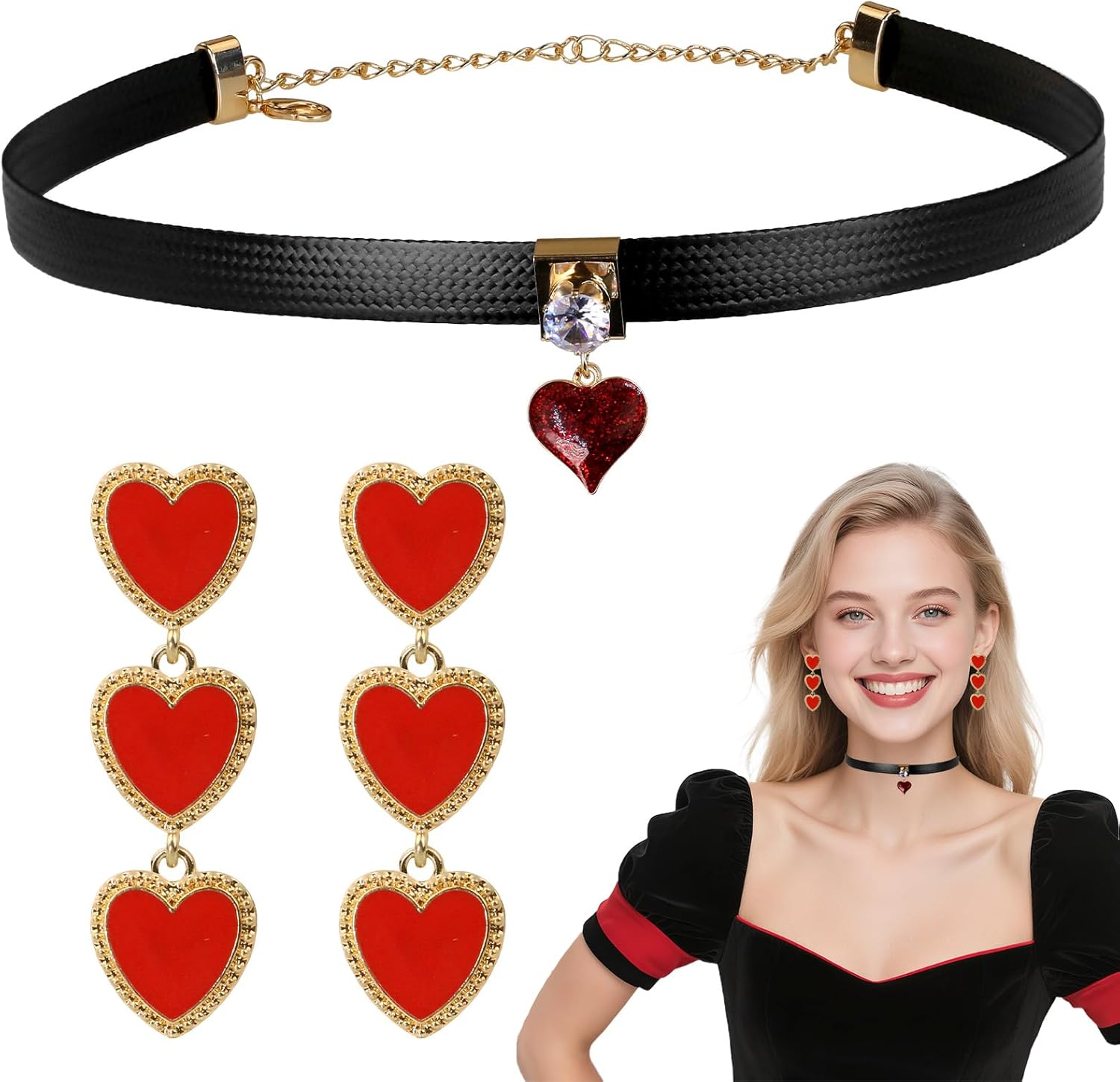 Voiiake Black Choker Necklace & Red Hearts Earrings for Hearts Queen Costume Accessories Women, Halloween Costumes Woman, Vampire Accessories Gothic Vintage Necklace