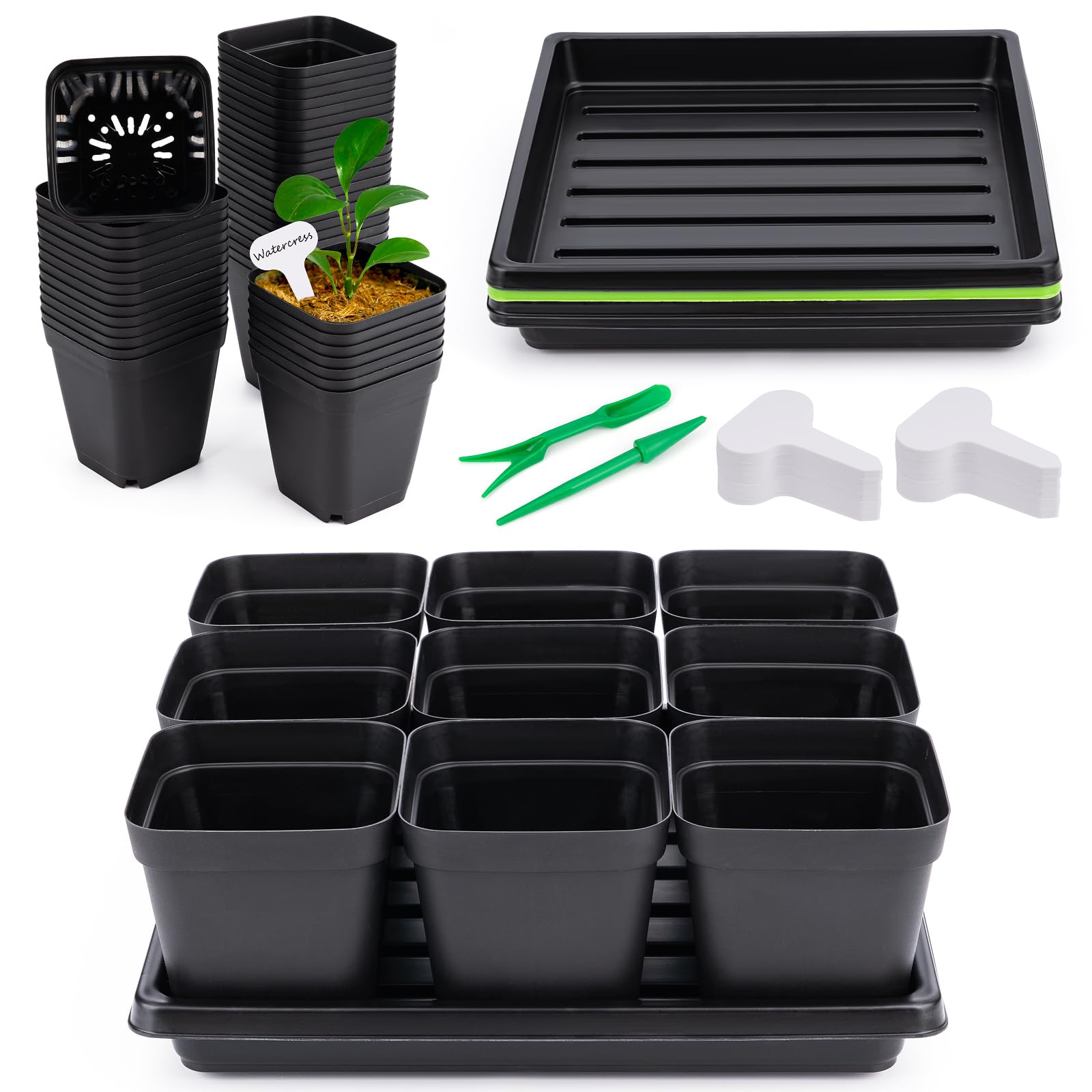 Seed Starter Tray Kit 3.5" Square Nursery Pots Trays 50 Pcs 9 Cell Seed Starting Pots with Drainage Holes 5 Seed Starting Trays 20 Plant Labels, Planting Tools and 1 Pen Planter Nursery Propagation