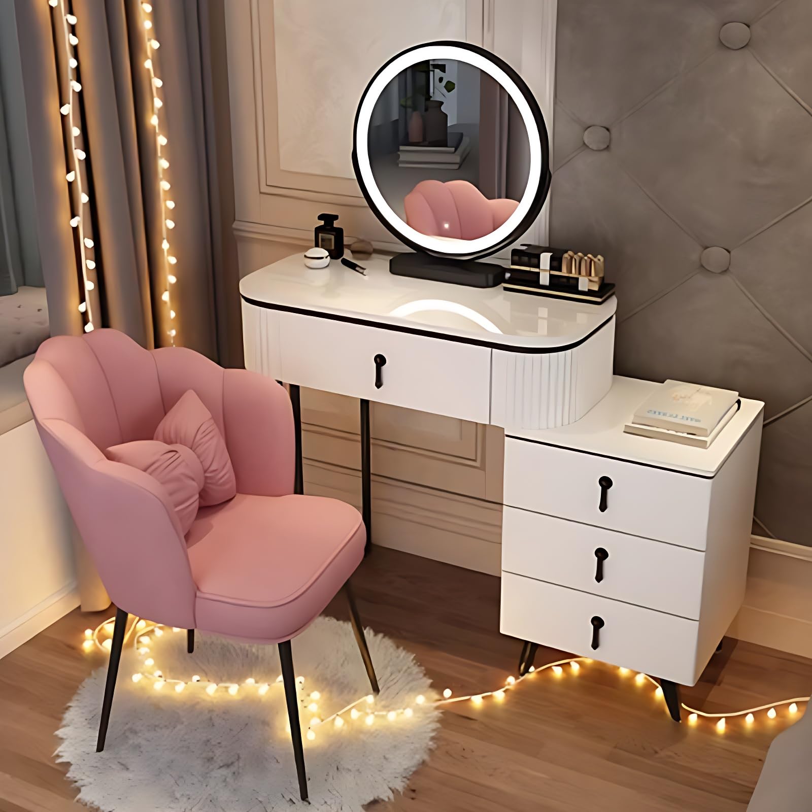Nowoczesny zestaw kosmetyczny z lustrem i szufladami – stół do makijażu z litego drewna ze stołkiem nie wymaga instalacji stylowy czarno-biały design 82 cm toaletka