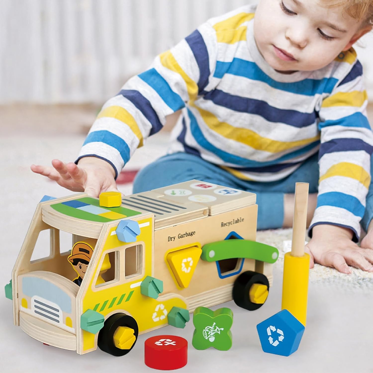 LOVELAND Wooden Recycling Truck Toy Take-Apart Garbage Sorting Truck