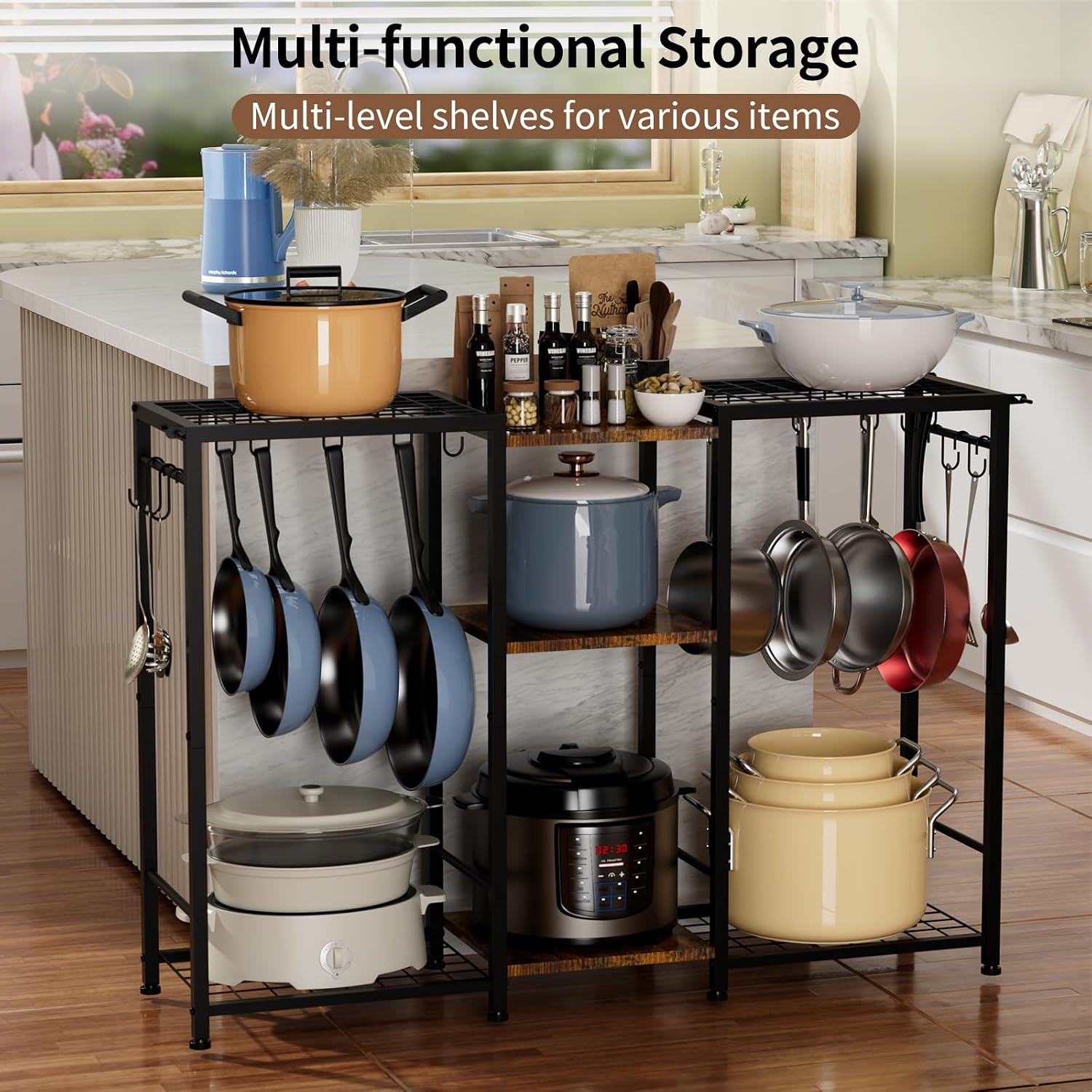 Pot Rack —Expandable Pot and Pan Organizer Rack, Freestanding Kitchen Pot and Pan Rack Storage Stand, Vertical Pan & Lid Hanging, Rustic Wood Top for Kitchen Storage & Organization