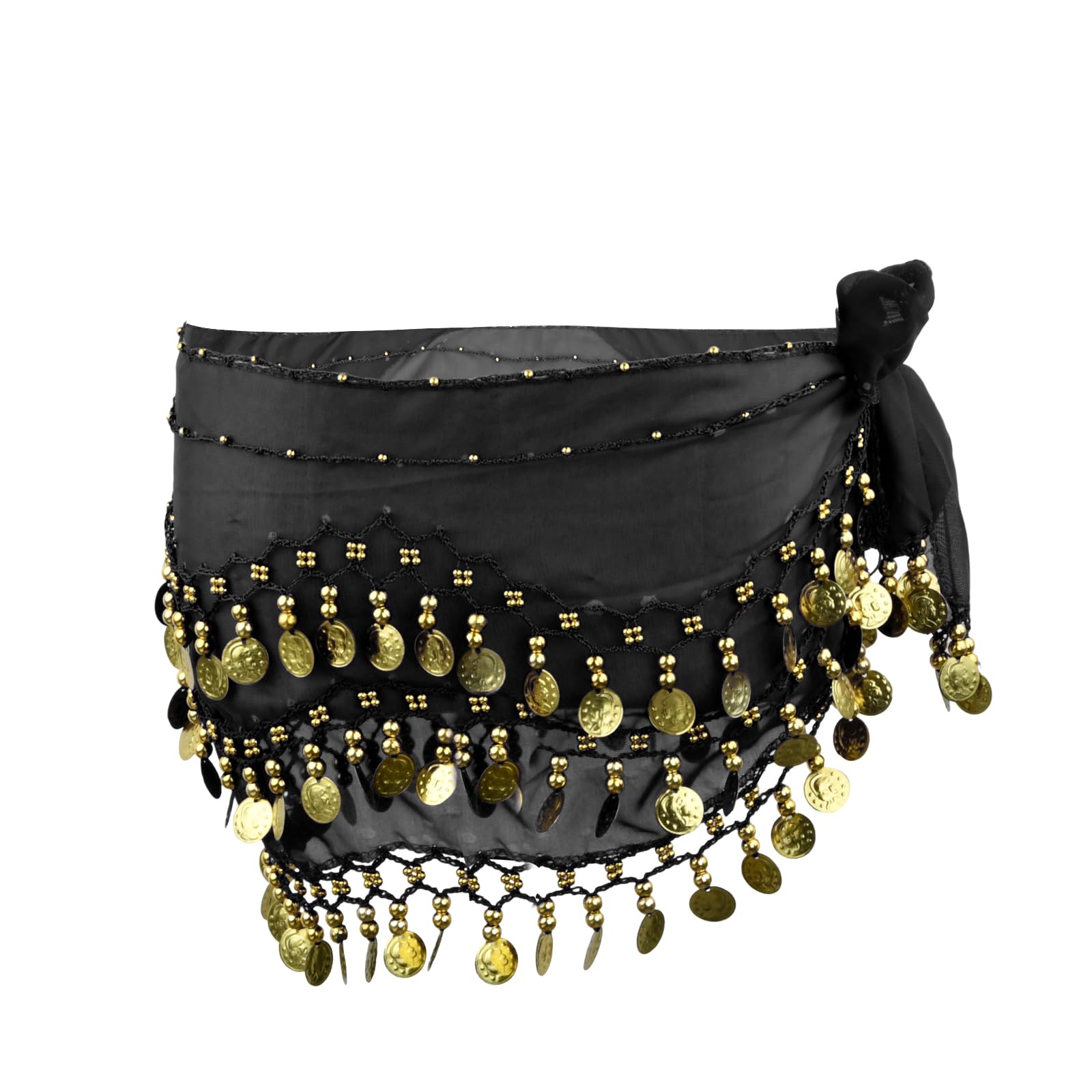 Shengxi Women's Black Belly Dance Hip Scarf, Belly Dance Skirt With 128 Dangling Gold Coins, Belly Dance Costume For Show Party, One Size