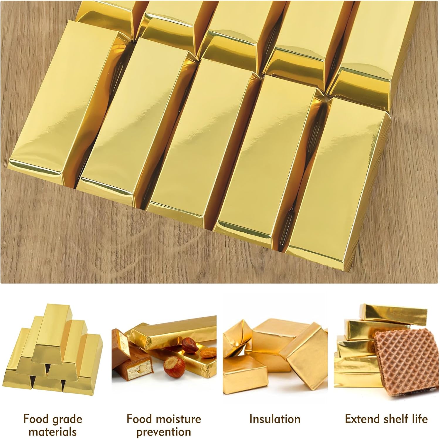 Chocolate Bar Wrappers 120pcs - 6x7.5 Inch Gold Foil Paper with Thick Backing | Premium Candy Wrappers for Homemade Chocolate Bars, Candies, Holiday Gifts | Reusable Food-Grade Packaging