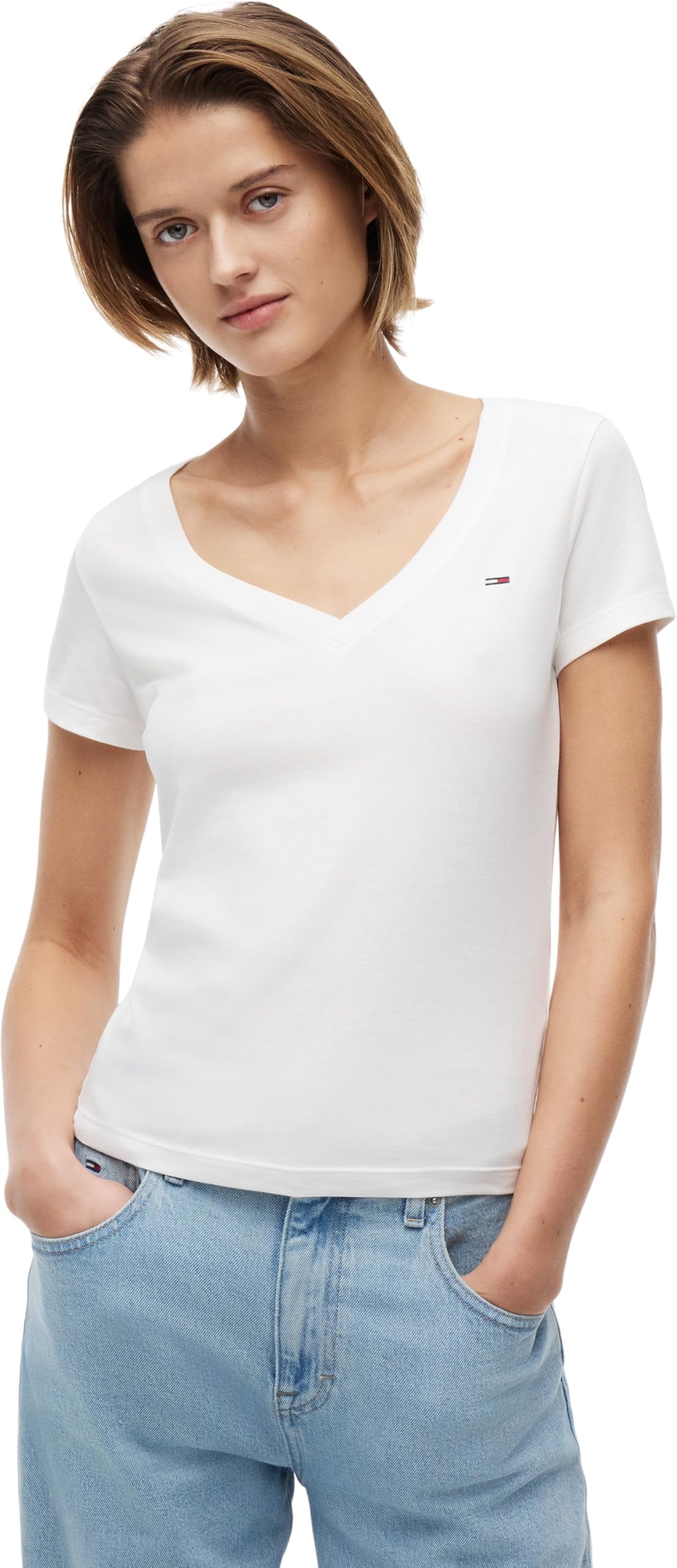 Tommy Jeans Women’s Short Sleeve V-Neck Slim T-Shirt, White (Ecru), S
