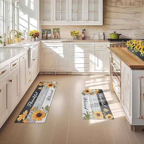 Miniatura 2 de Protikol Juego de 2 alfombras de cocina con diseño de girasol, antideslizantes, impermeables, resistentes a las manchas, para suelo, cocina,