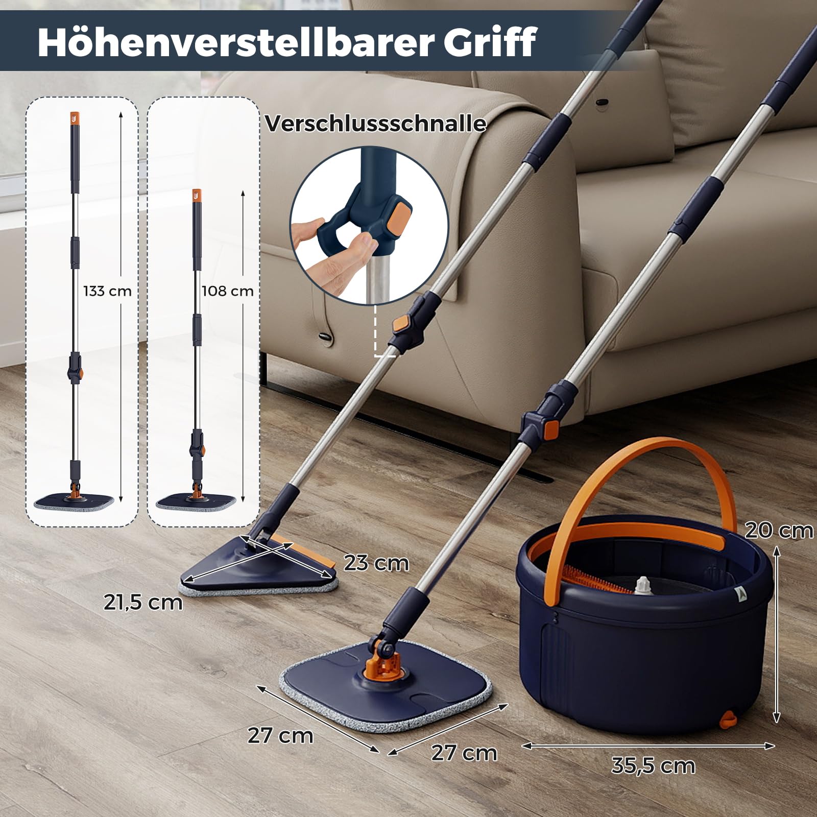 COSTWAY mop do mycia podłóg i system koszyka 4L, płaski mop do podłóg z wyżłaczaniem, obrotowa głowica 360°, system separacji i 2 mikrofibrowe ręczniki, system czyszczenia podłóg do stosowania na