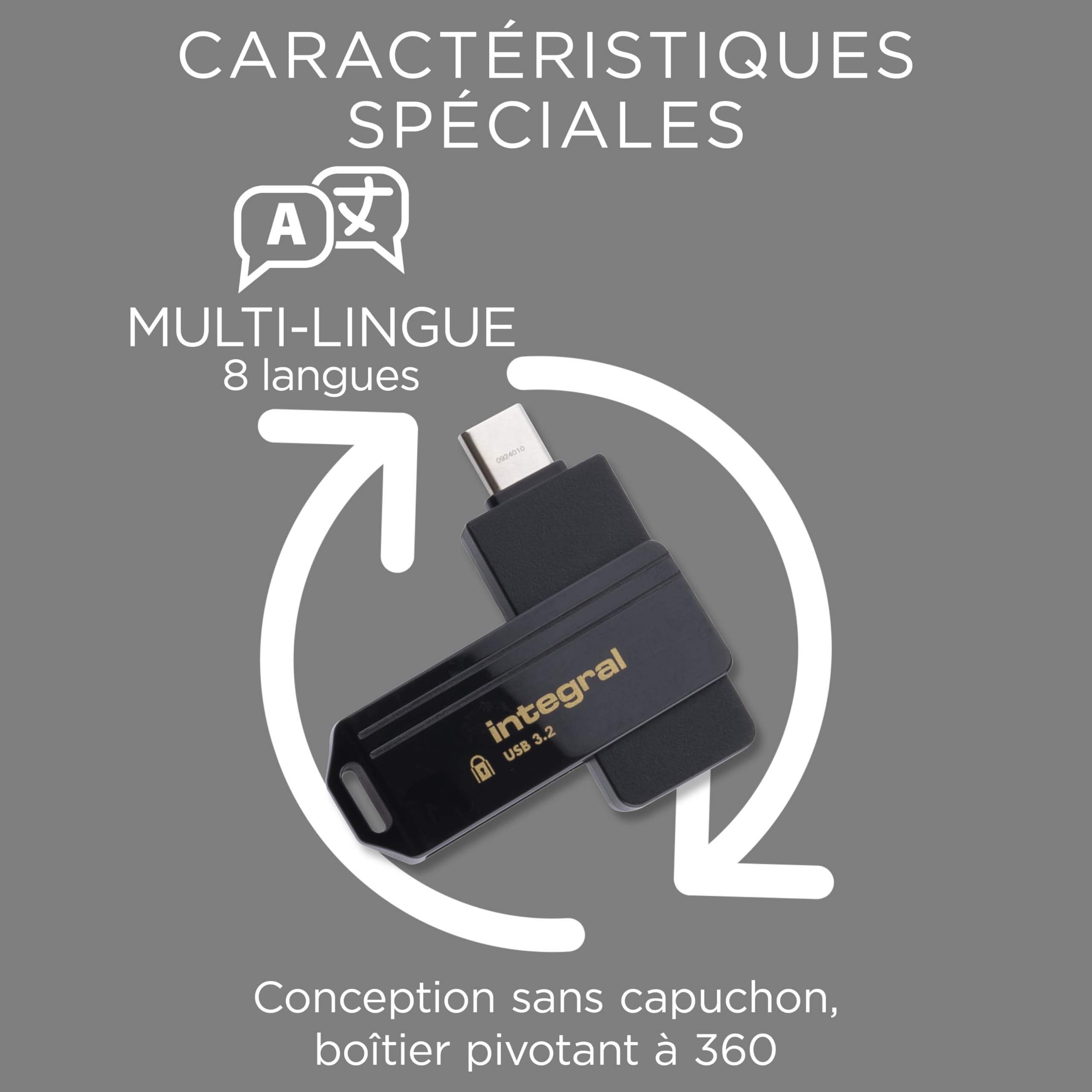 Integral Secure 360-C Clé USB Chiffrée 128 GB – Connecteur USB-C – Chiffrement AES 256 Bits – Compatible avec Mac, MacBook, PC, Ordinateur Portable