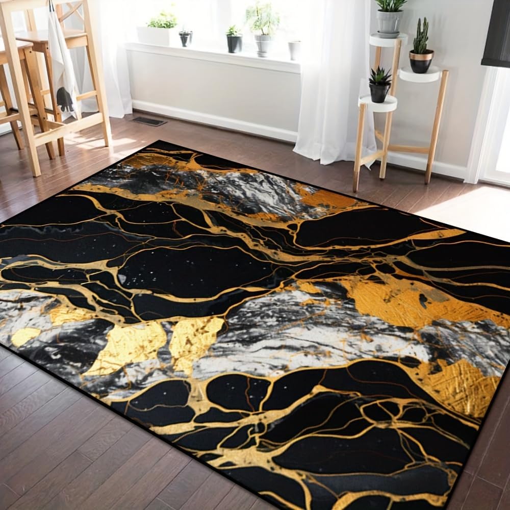 Black White Gold Marble Area Rug 2'x 3'Abstract Golden Design Faux Wool Area Rug Non-Slip Carpet Mat for Living Dining Dorm Room Bedroom Home Decorative