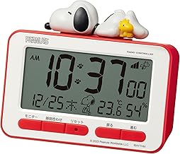 RHYTHM 8RZ235MS01 Snoopy Alarm Clock, Digital Radio Clock, Stereoscopic Figure, Electronic Sound, Alarm (with Snooze), Thermometer, Hygrometer, Calendar, Red, 4.0 x 4.7 x 2.1 inches (10.2 x 12 x 5.4