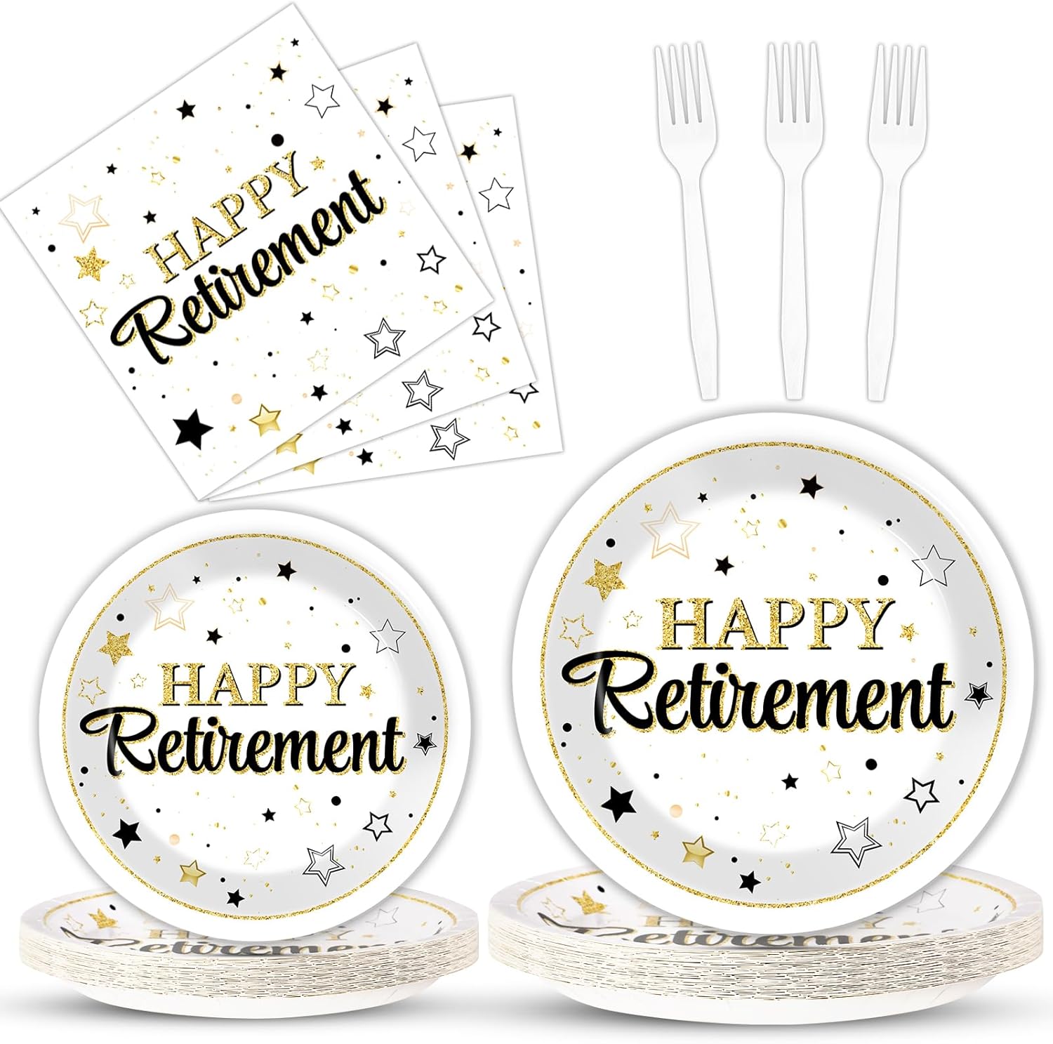 Qyeahkj 200PCS Retirement Party Supplies Happy Retirements Paper Plates Napkins Tableware Set White and Gold Disposable Dinnerware Retired Theme Decoration Favors for Women Men, Serve 50 Guests