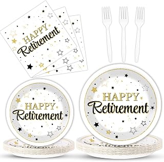 Qyeahkj 100PCS Retirement Party Supplies Happy Retirements Paper Plates Napkins Tableware Set White and Gold Disposable Dinnerware Retired Theme Decoration Favors for Women Men, Serve 25 Guests