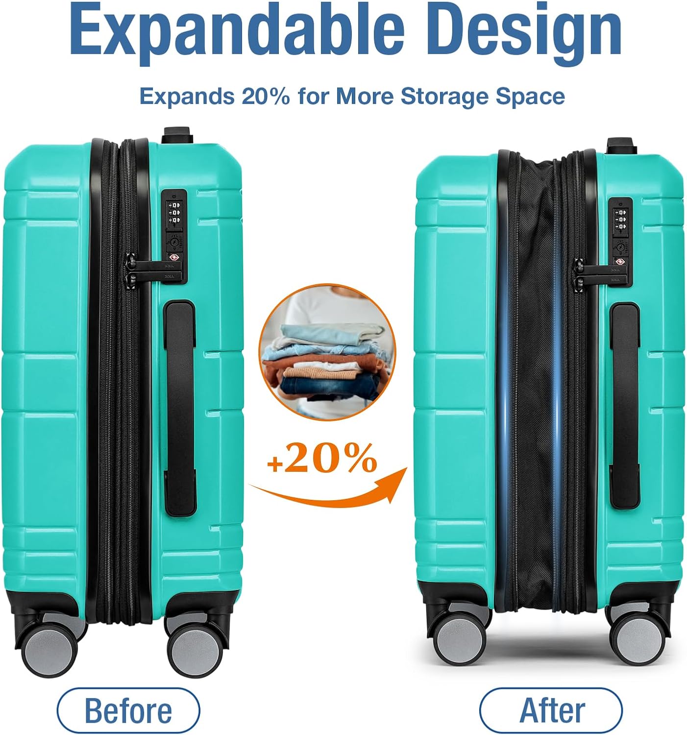 KYME Carry On Luggage 22x14x9 Airline Approved,Hardshell Carry On Suitcase with Tsa Lock,Small Suitcases with Wheels,Travel Luggage for Men Women,Expandable Carry-On 20 Inch,Baby Blue