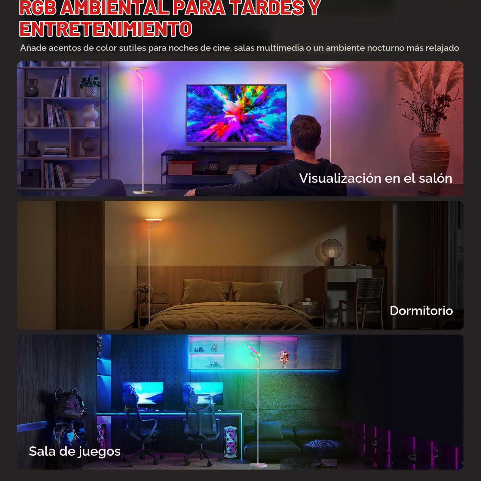 Honeywell Lámpara Pie LED Regulable, 3000LM,5 Modos, c/Remoto, 6RGB, Girat