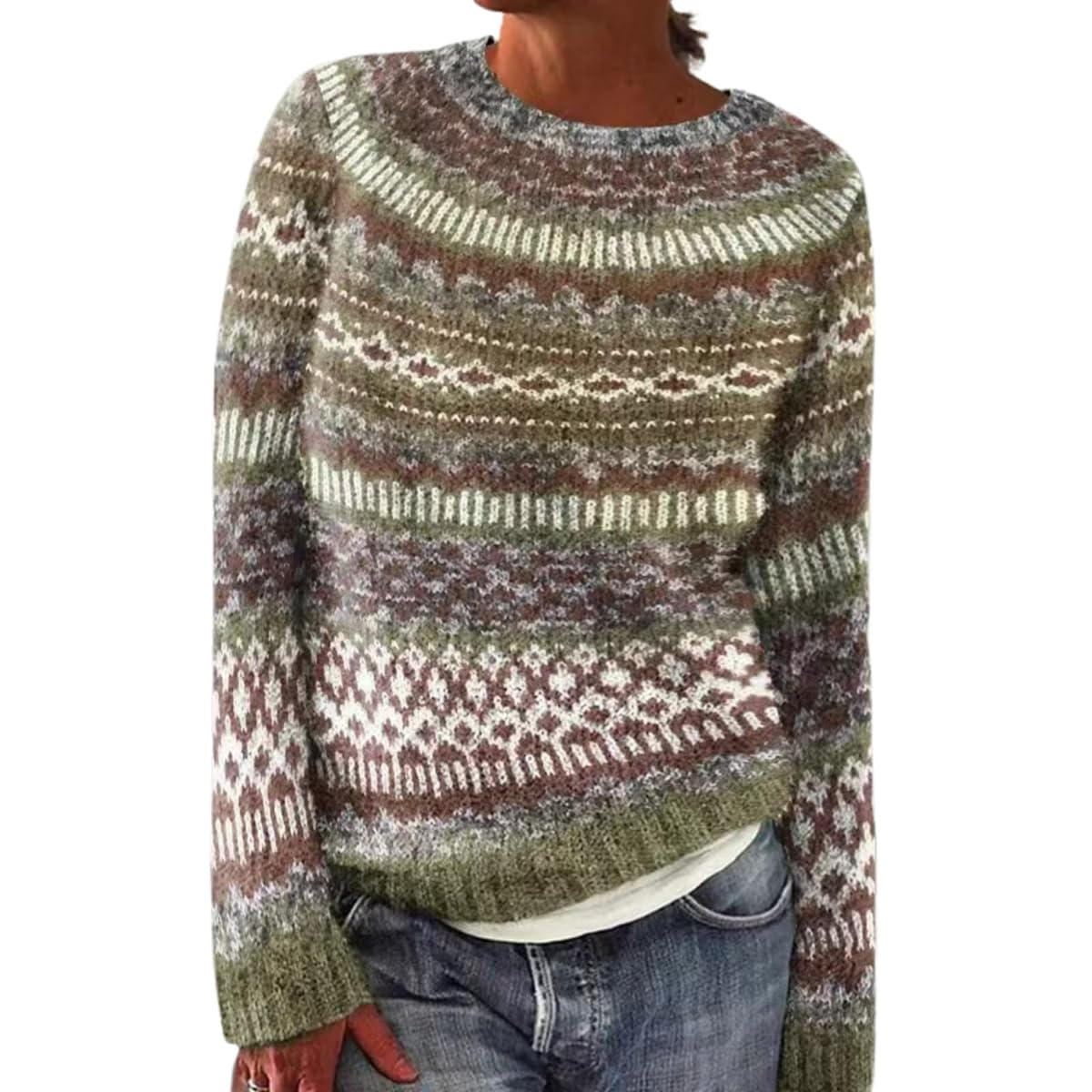 ZOCAVIA Womens Fair Isle Sweater Colorful Argyle Crewneck Knitted Sweaters Fall Winter Vintage Long Sleeves Pullover Tops