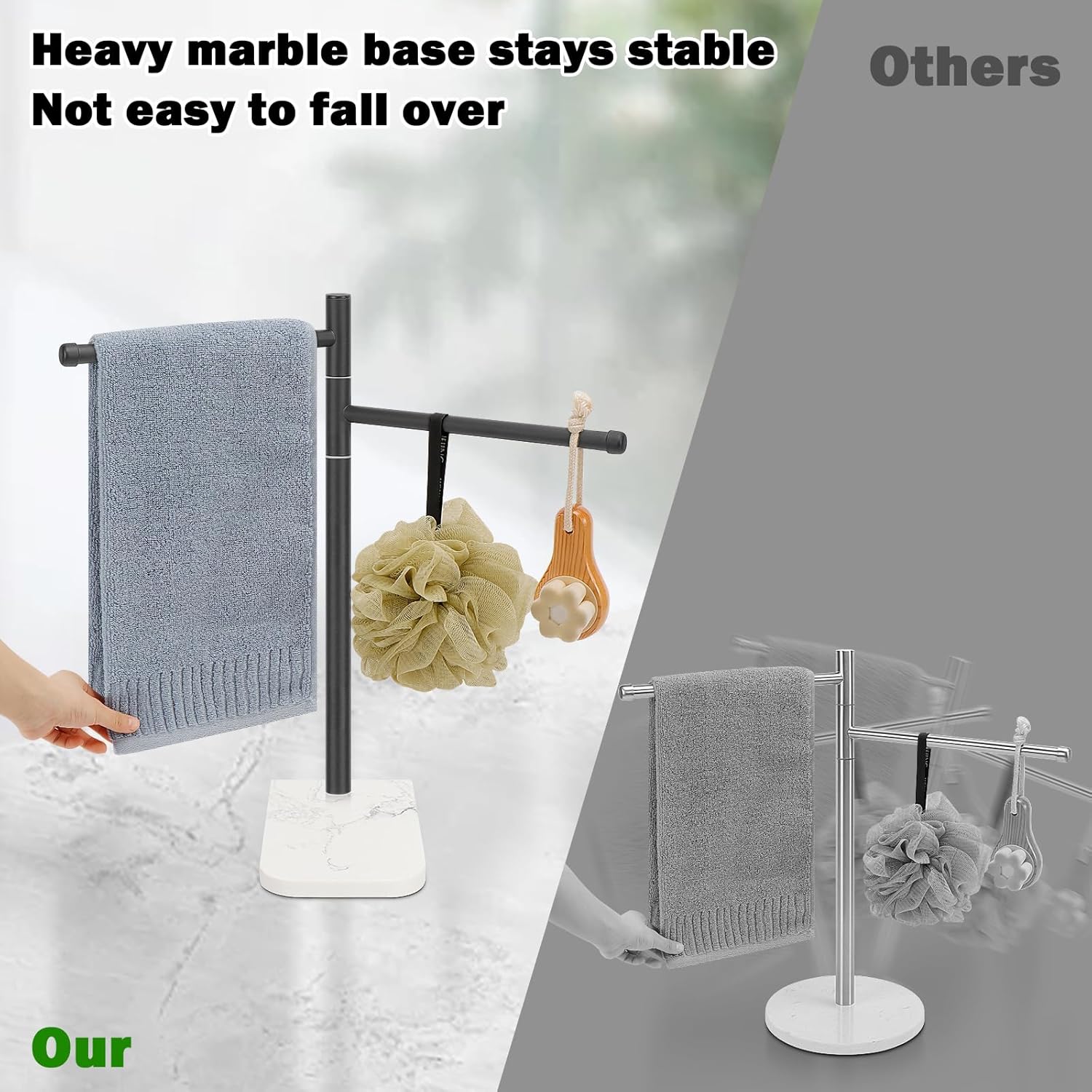Standing Hand Towel Holder, Hand Towel Stand with Marble Base, 304 Stainless Steel Towel Rack with 2 Swivel Arm, Countertop Stand Towel Ring Towel Bar for Bathroom (Matte Black)