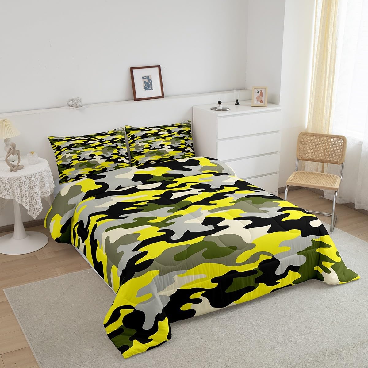 Feelyou Camouflage Bedding Set Queen Size Grey Yellow Camo Comforter Set for Adult Kids Boys Girls Teens Fashionable Style Duvet Set Modern Abstract Art Quilt Set 3Pcs
