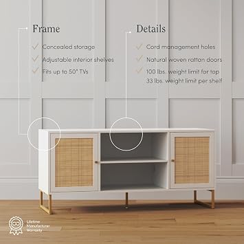 Nathan James Mina Modern TV Stand, Entertainment Cabinet, Media Console with a Natural Rattan Storage Doors, White Finish and Gold Brass Accents for Living Room or Media Room, White/Gold