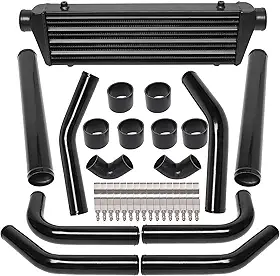 Kit de intercooler universal de 71,12 cm x 17,78 cm x 6,35 cm com intercooler + 8 tubos dobrados de 6 peças + 6 acopladores retos + 2 acopladores de cotovelo de 90 graus + 16 braçadeiras pretas