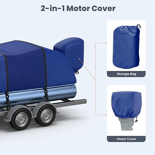 Vista 7 de RVMasking Cubierta para barco pontón con cubierta de motor, 1400D resistente reforzada, cubierta impermeable de grado marino para lancha de Azul