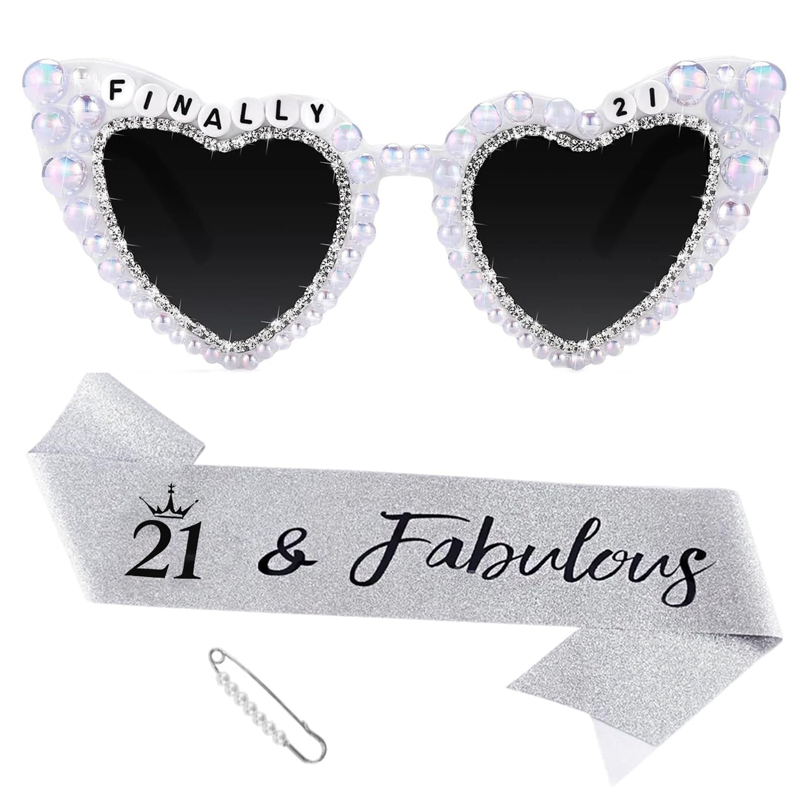 21st Birthday Glasses with Sash, White Heart Sunglasses for Women, FINALLY 21 Shiny Bling Diamond Pearl Sunglasses, 21 Years Old Birthday Party Gifts Supplies Eyeglasses Photo Props Accessories