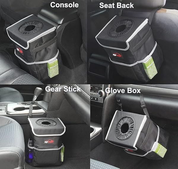 EPAUTO EPAuto Waterproof Car Trash Can with Lid and Storage Pockets, Black in use