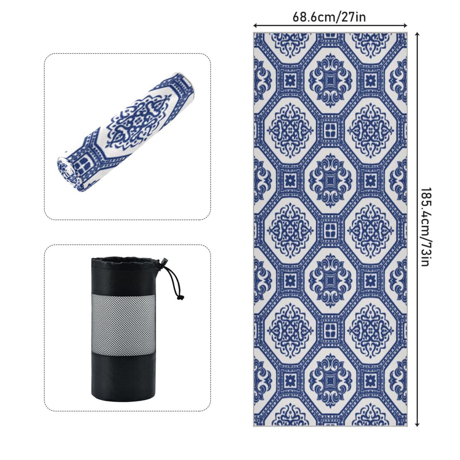pnyoin Turkish Ornament Blue Yoga Towel,Hot Yoga Mat Towel with Grip Dots Sweat Absorbent Non-Slip for Hot Yoga, 24