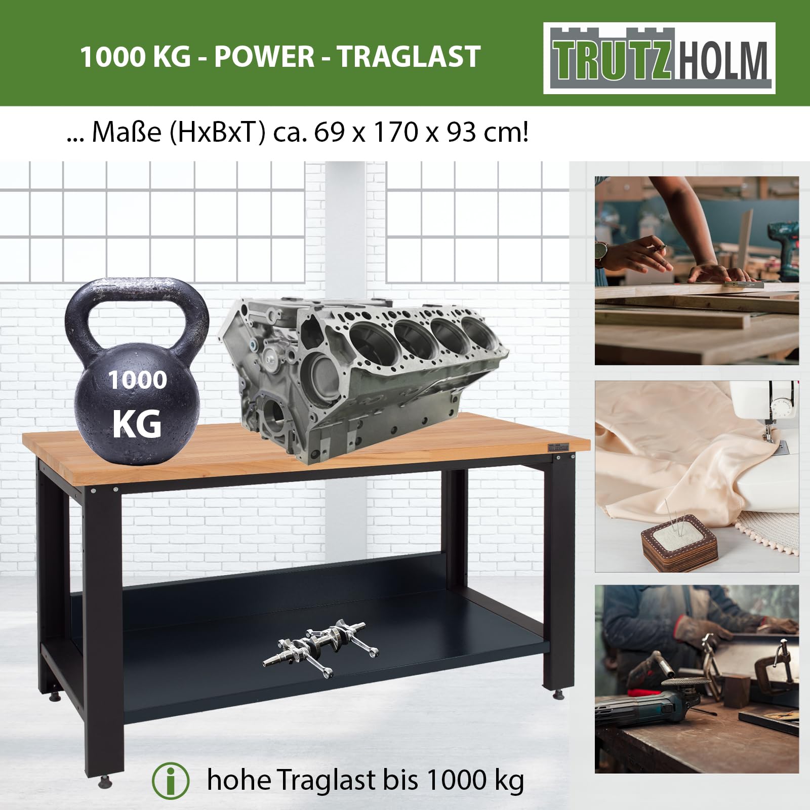 TRUTZHOLM Werkbank Profiline XXL 170 x 69 cm, 1000 kg Traglast, freistehender Werkstatttisch mit massiver Hartholzplatte, Robustes Stahlgestell, Arbeitshöhe 93 cm, anthrazit
