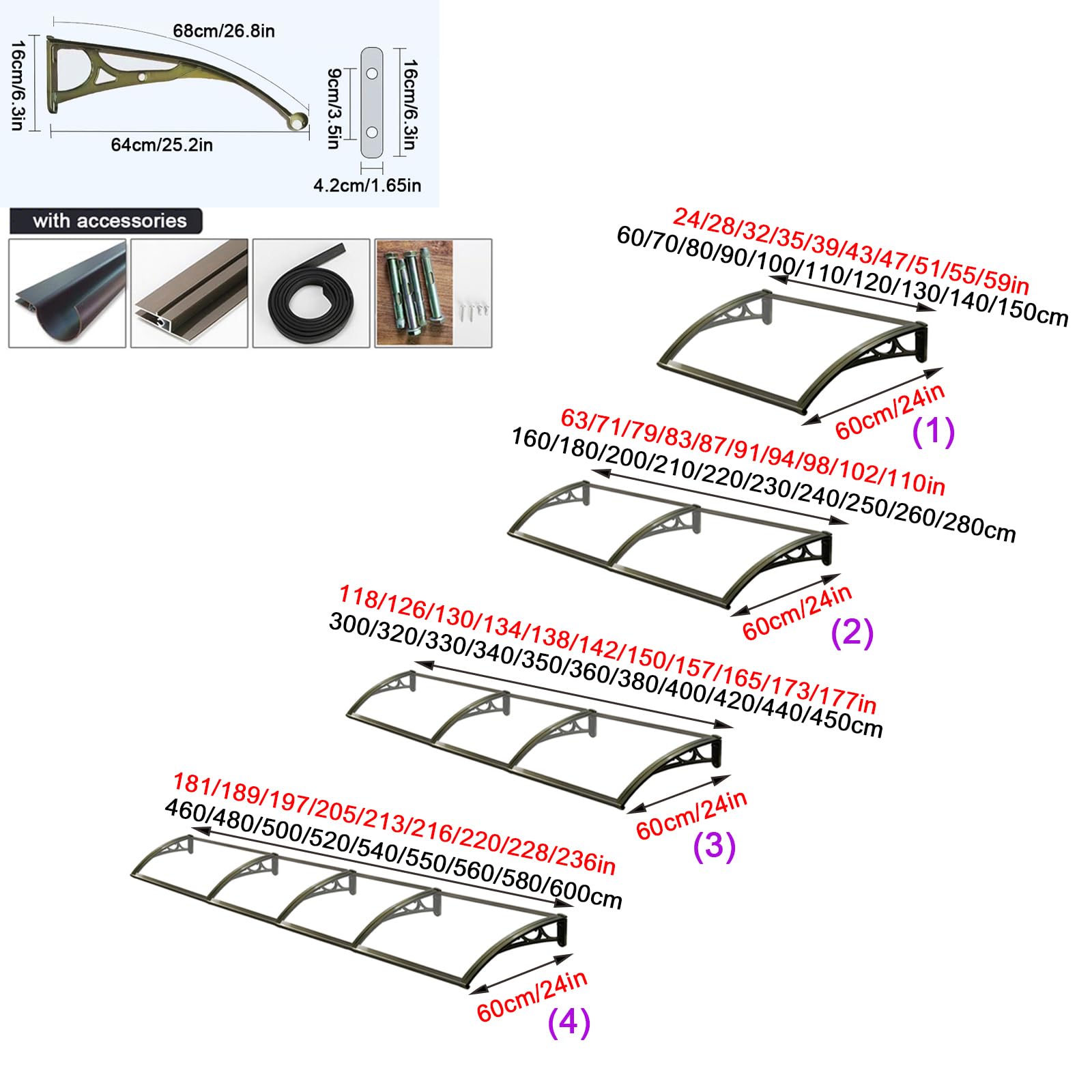 Auvent De Porte D'entrée, Marquise De Porte Et Fenêtres, UV Protection, Pluie Et Neige Protection, Marquise En Polycarbonate Cadre En Aluminium,Diverses Tailles Au Choix. (A/80 * 120 Cm