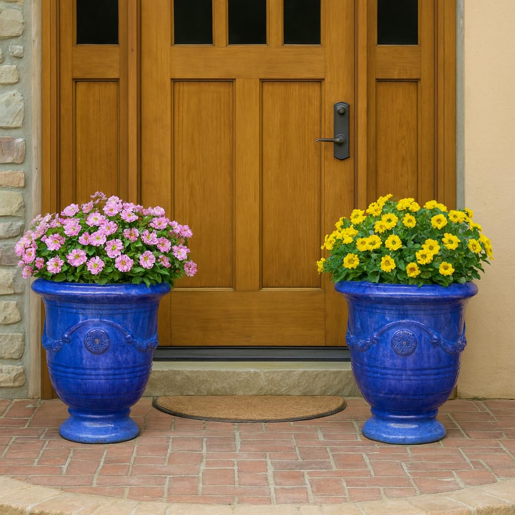 Vaso per fiori/Piantatore, vaso in gres smaltato, modello Anduze in blu 35x42cm, resistente al gelo e fatto a mano