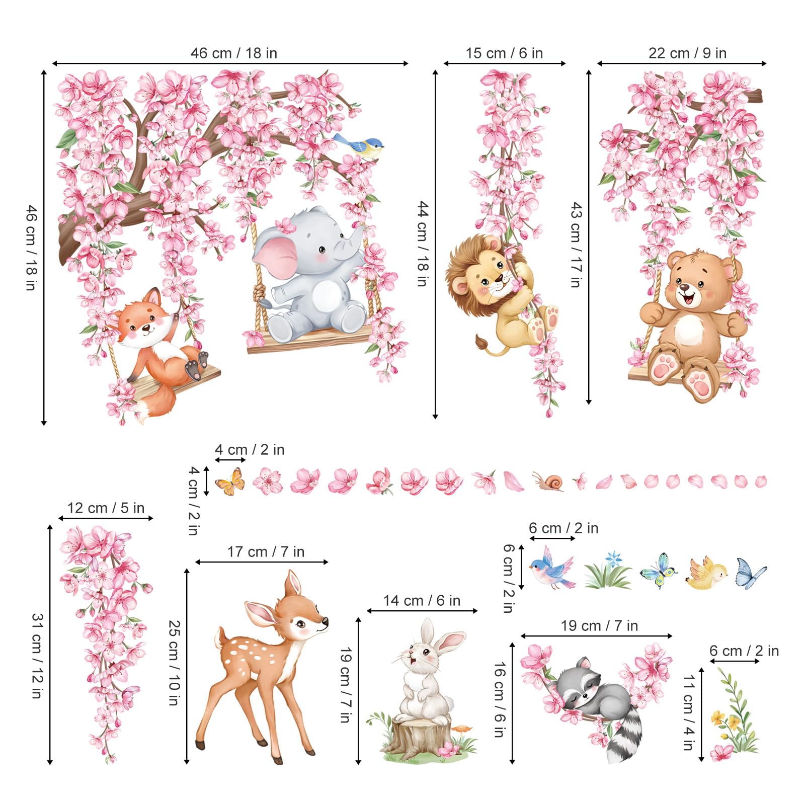 wondever Adesivi Murali Animali Foresta Ramo Albero Rosa Sticker da Muro Fiore di Ciliegio Elefante Orso Cervo Adesivi da Parete per Camerette Bambini Asilo Nido - 4
