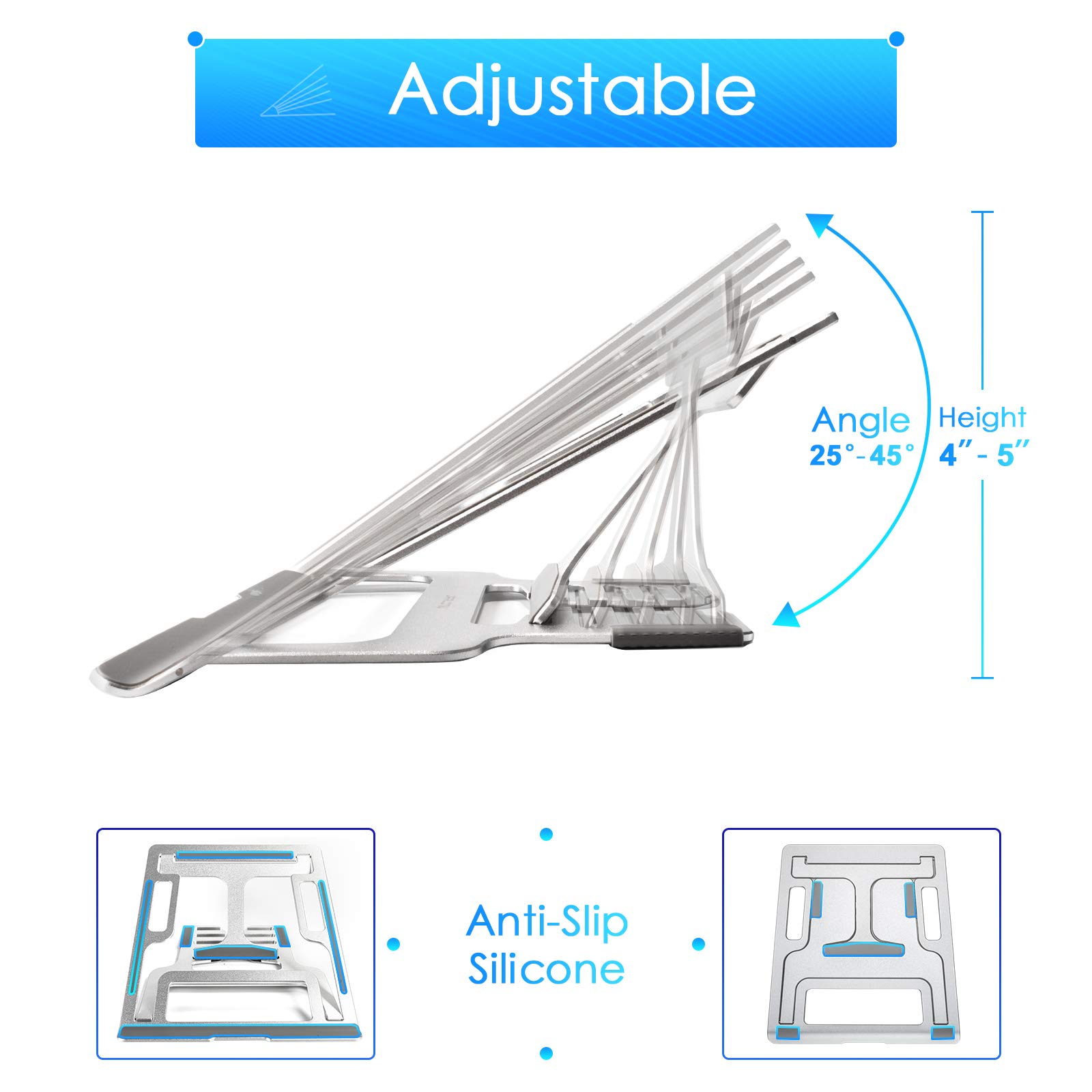 JARLINK Adjustable Laptop Stand, Foldable Aluminum Desktop Laptop Riser with Ergonomic Design, Compatible with MacBook Air Pro, Dell (up to 15.6 inches), Upgraded, Silver
