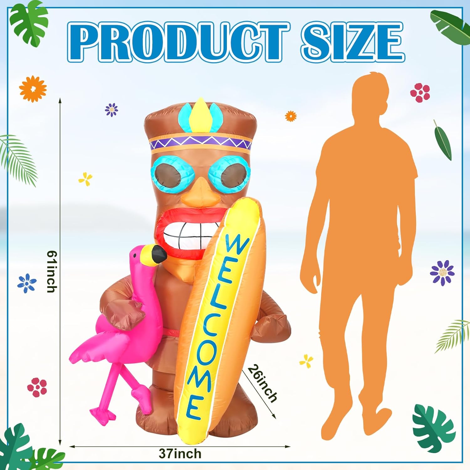 Shappy 5 ft Inflatable Tiki Flamingo Surfboard Luau Hawaiian Party Decorations Summer Inflatables Outdoor LED Lighted Tiki Blow up Beach Tropical Pool Surfing Yard Party Supplies Favors(Flamingo)